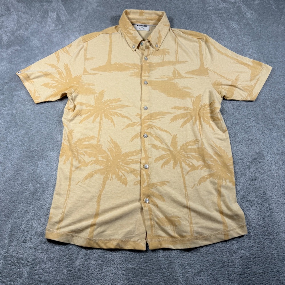 Linksoul Button Down Shirt Mens Medium Yellow AOP Palm Tree Summer Golf Casual